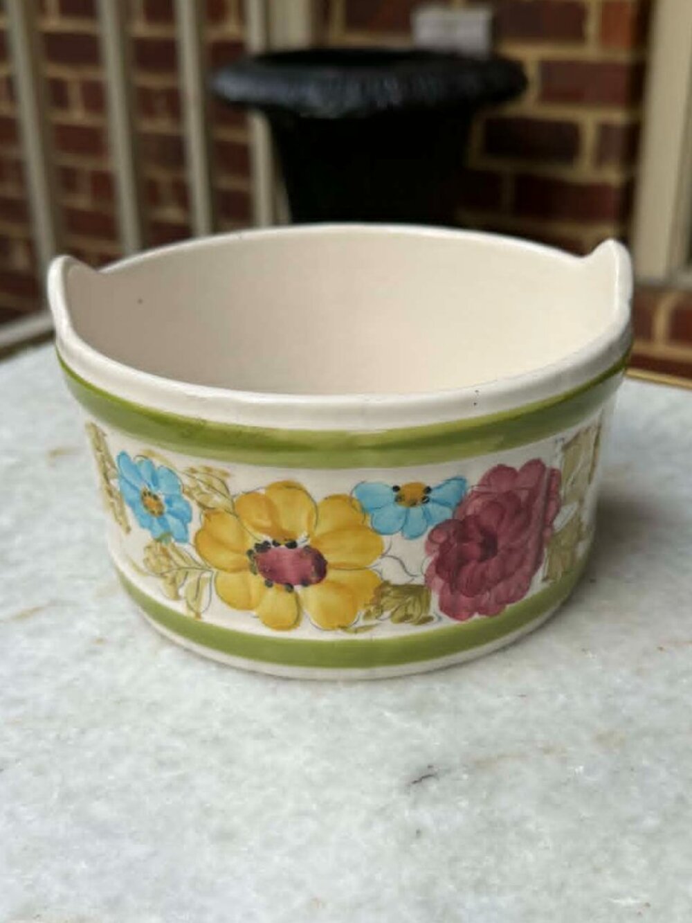 Vintage 1980 FTD Portugal Ceramic Planter Bowl | Hand Painted Floral Cachepot
